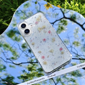 Natural pink white flower custom name phone case with glitter,for iPhone 17 Pro Max 16e iPhone 15 Pro 14 13,Google Pixel 10 Pro 9 Pro 7 Pro