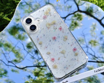 Natural pink white flower custom name phone case with glitter,for iPhone 17e 16e iPhone 15 Pro 14 13,Google Pixel 11 Pro 9 Pro 7 Pro