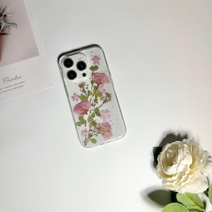 Pink sakura with silver foil pressed flower phone case for iPhone Duo 18 Pro Max 15 Pro Max 14,Google Pixel 11 Pro 9 Pro 8 Pro case image 8