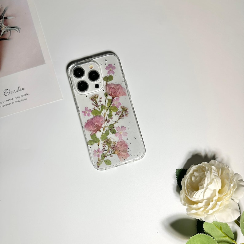 Pink sakura with silver foil pressed flower phone case for iPhone Duo 18 Pro Max 15 Pro Max 14,Google Pixel 11 Pro 9 Pro 8 Pro case image 8
