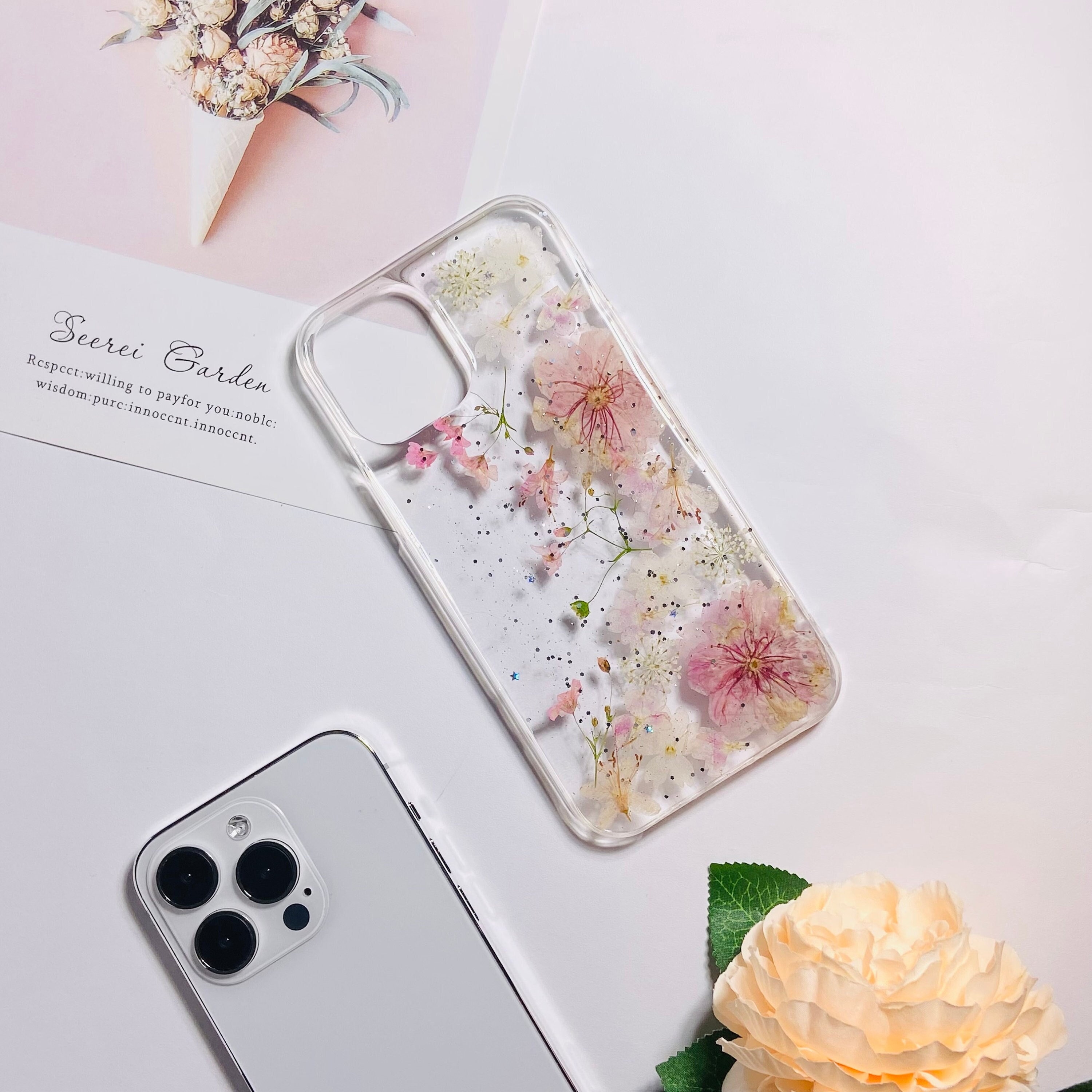Pressed Flower Pink Sakura Phone Case With Glitter for