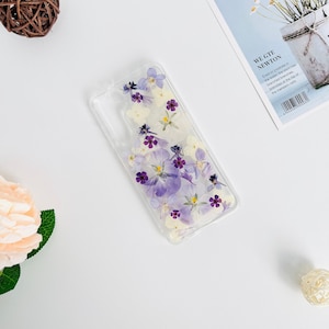 Pansy white hydrangea purple flowers pressed flower phone case for iPhone 17e 16e 15 Pro Max, Google Pixel 10 Pro 9 Pro 8 Pro case