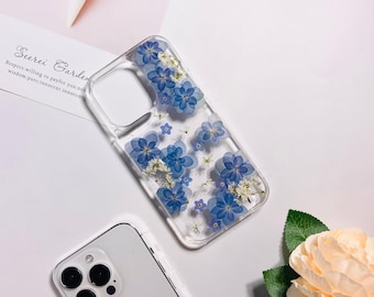 Blue flower pressed flower phone case for iPhone Duo 18 Pro Max 15,Samsung S26 Edge S25 Ultra S24 Ultra A53 A55 case,Google Pixel 11 Pro