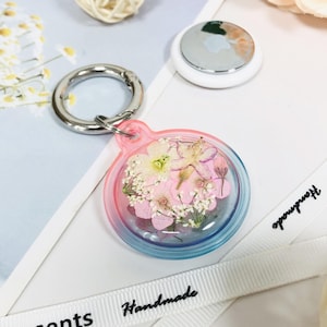 Pink white pressed flower case for AirTag,AirTag holder,colorful AirTag keychain,gift for her,cute waterproof AirTag case,pet tracker case
