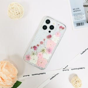 Custom name natural pink white flower phone case with glitter,for iPhone 17 Pro Max 16e iPhone 15 Pro 14 13,Google Pixel 10 Pro 9 Pro 7 Pro