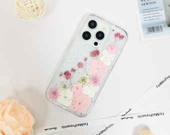 Custom name natural pink white flower phone case with glitter,for iPhone 17 Pro Max 16e iPhone 15 Pro 14 13,Google Pixel 10 Pro 9 Pro 7 Pro