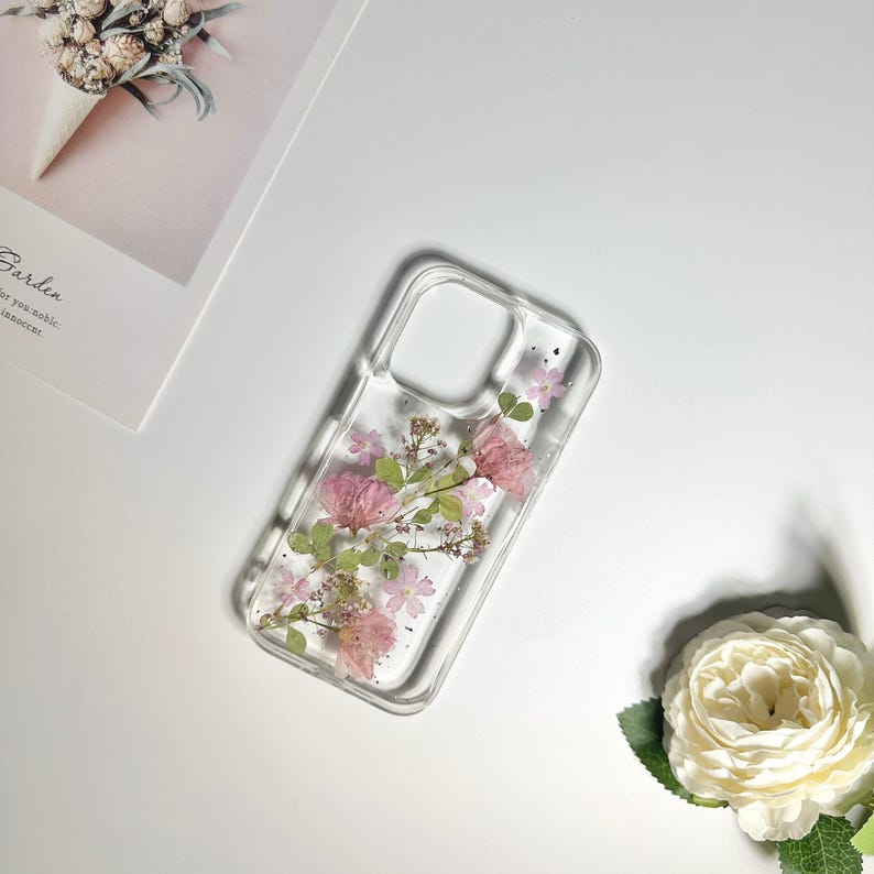 Pink sakura with silver foil pressed flower phone case for iPhone Duo 18 Pro Max 15 Pro Max 14,Google Pixel 11 Pro 9 Pro 8 Pro case image 1