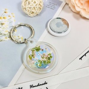 Blue green pressed flower AirTag holder,AirTag case,colorful AirTag keychain,gift for her,cute waterproof AirTag case,pet tracker case