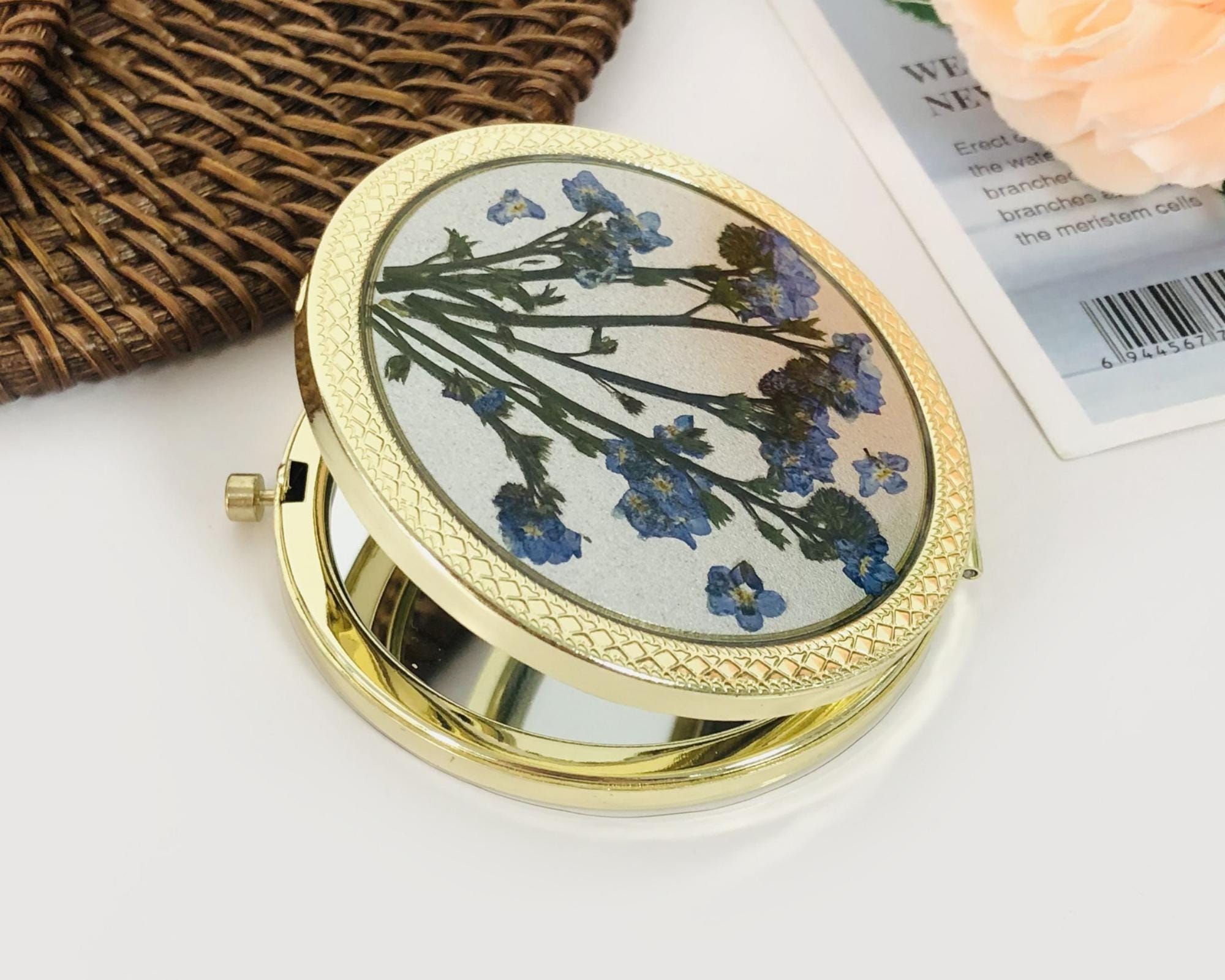 Natural blue flowers with branches makeup mirror,real flower compact mirror,travel makeup mirror,bridesmaid gift,wedding gift,Christmas gift