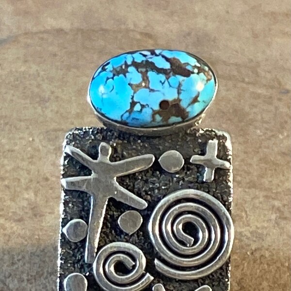 Alex Sanchez Navajo Sterling Silver & Turquoise Grandmother Ring sz 7 1/4