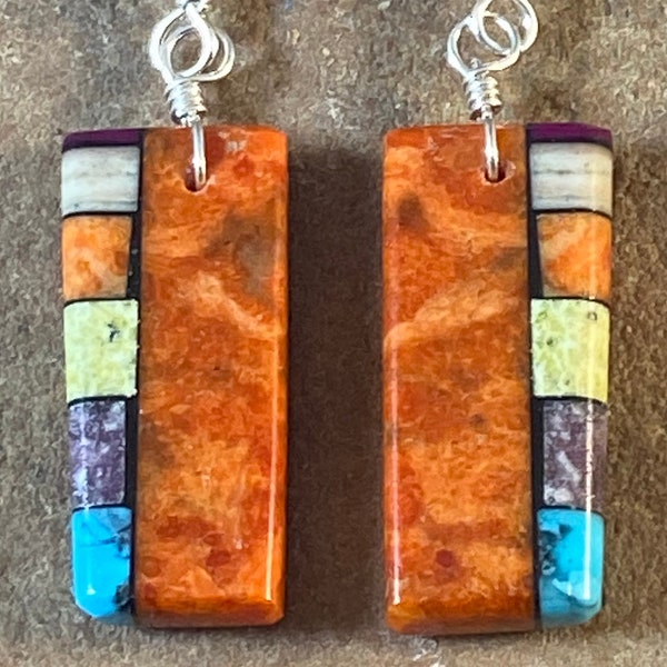 Mary Tafoya Kewa Apple Coral  Agate & Turquoise Slab Earrings