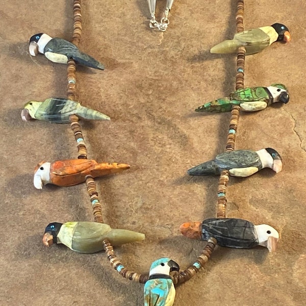 Hand Carved 9 Fancy Parrot Bird Fetish Necklace by Matt Mitchell