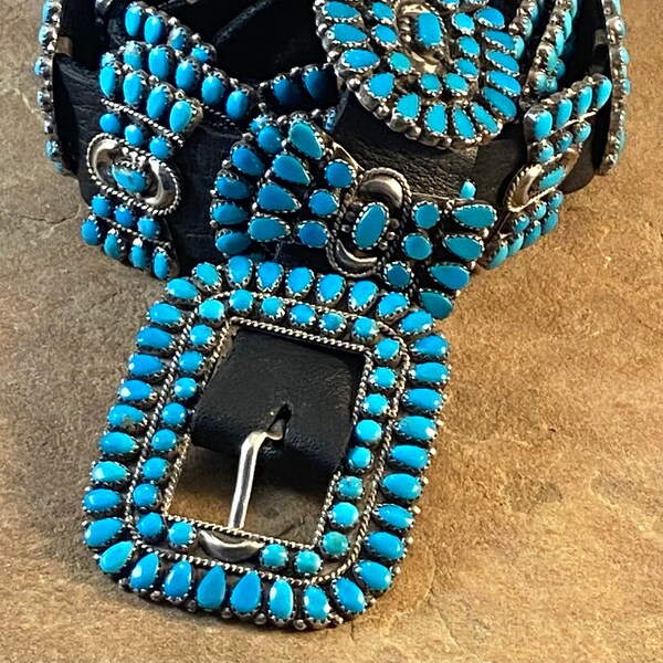 Beautiful Vintage Navajo Sterling Silver & Sleeping Beauty Turquoise Concho Belt (34 inches)