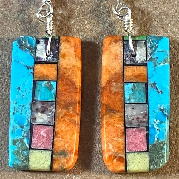 Mary Tafoya Kewa Turquoise Agate & Jet Slab Earrings