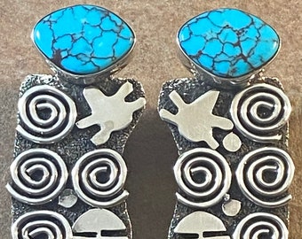 Grote mooie Alex Sanchez Navajo Sterling Zilver & Turquoise grootmoeder geest oorbellen