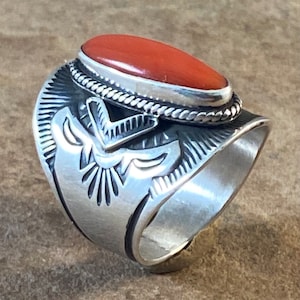 Sterling Silver Cigar Band w/Coral by Derrick Gordon Navajo Ring sz. 7 1/2