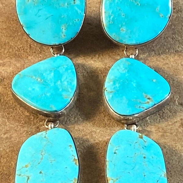 Stunning Huge Kingman Turquoise and Sterling Rose Pincio Navajo Earrings