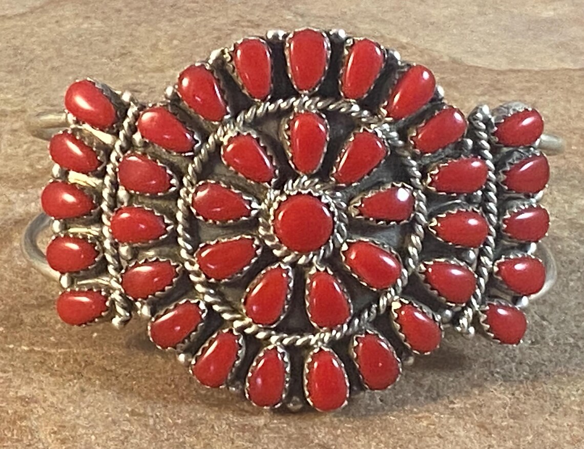 Navajo Sterling Silver & Red Coral Cluster Cuff Bracelet - Etsy