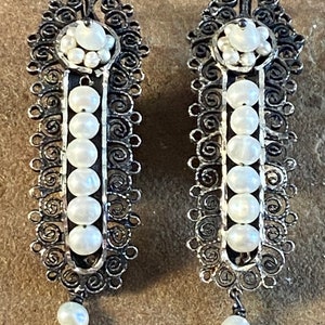 Beautiful Mexican Sterling Silver & Pearl Filigree Frida Earrings