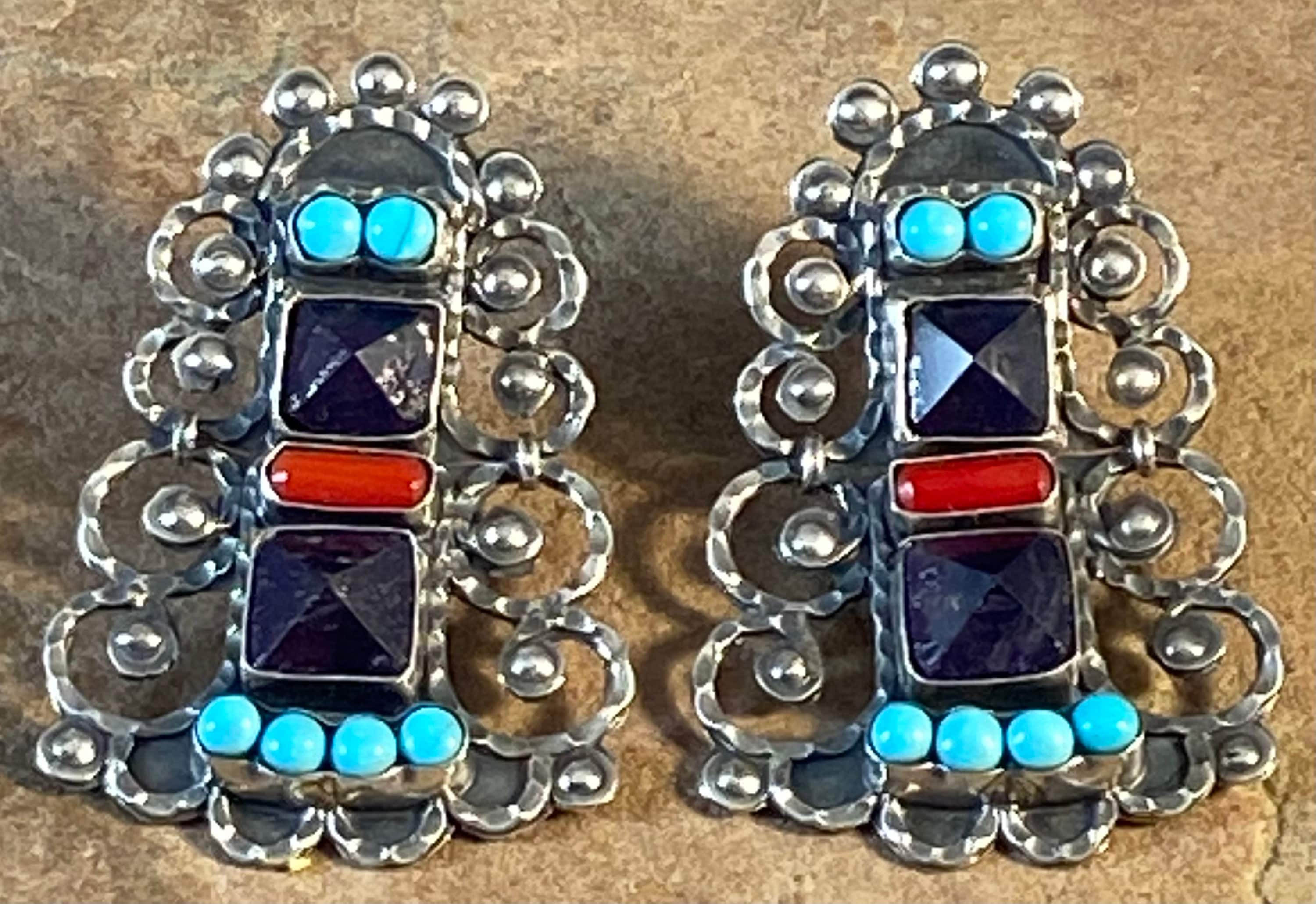 Lovely Mexican Sterling Silver Amethyst & Glass Frida MATL Style Earrings