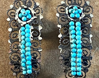 Beautiful Mexican Sterling Silver & Turquoise Filigree Frida Gusanos Earrings