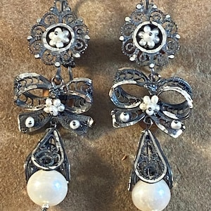 Beautiful Mexican Sterling Silver & Pearl Filigree Frida Earrings