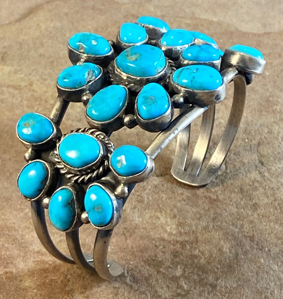 Vintage Navajo Sterling Silver & Kingman Turquoise Cluster Cuff ...