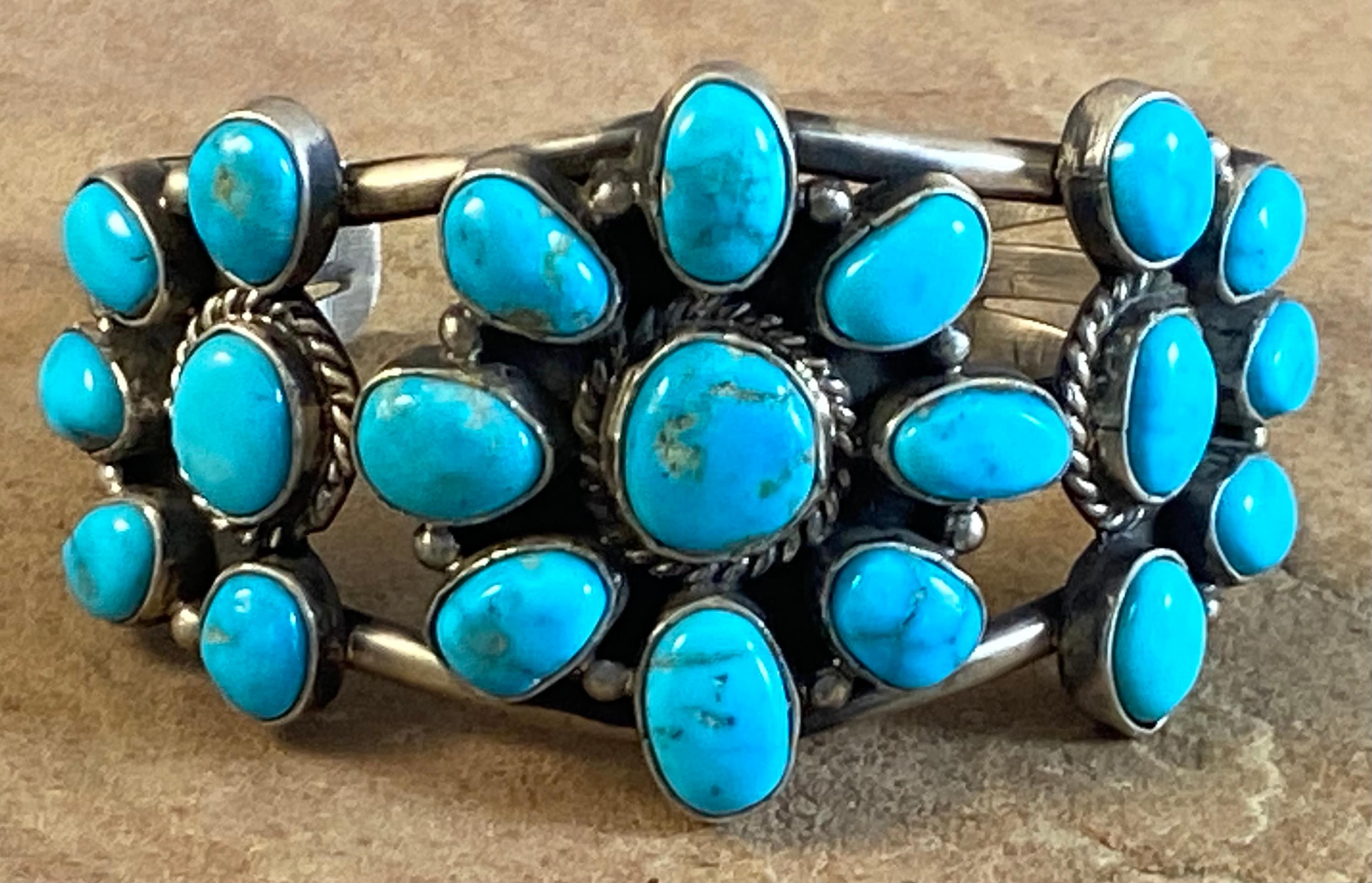 Vintage Navajo Sterling Silver & Kingman Turquoise Cluster Cuff ...