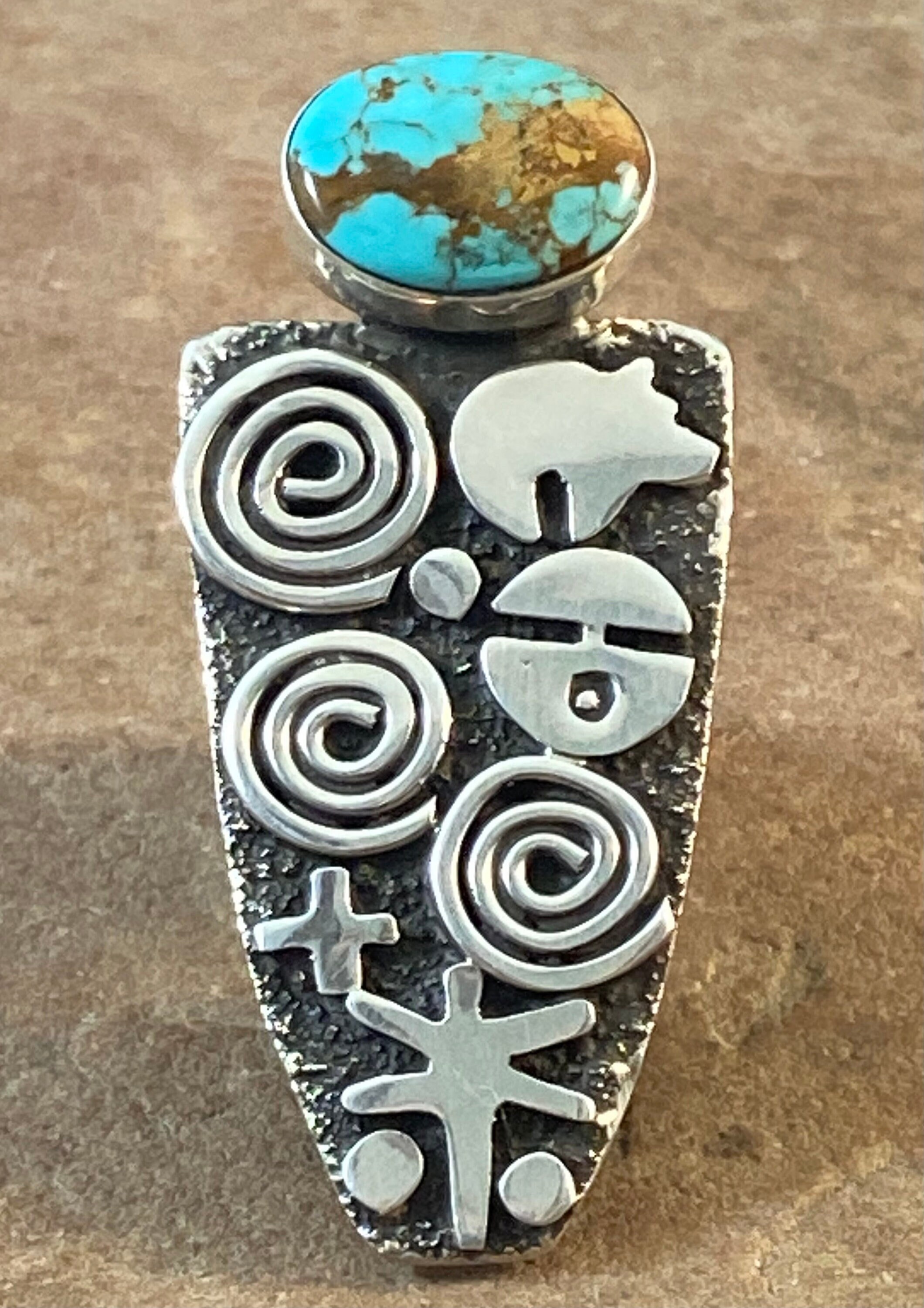 Alex Sanchez Navajo Sterling Silver Petroglyph Style Ring Kingman Turquoise