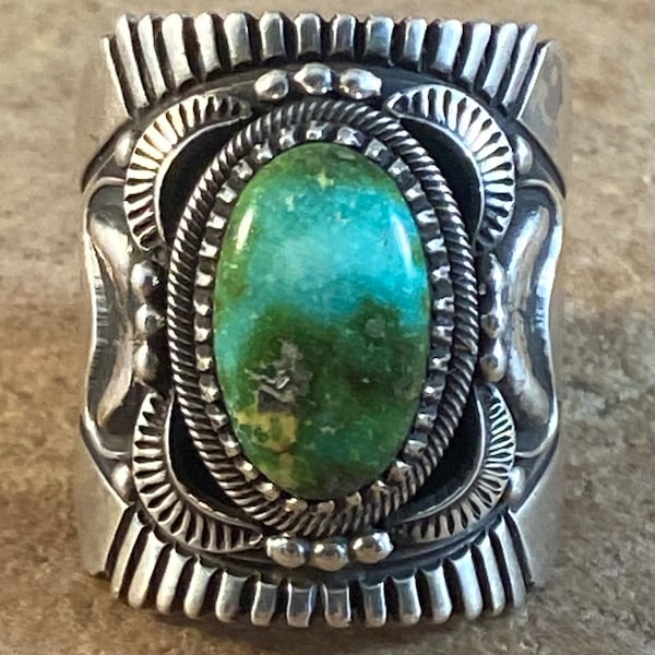 Sterling Silver & Sonoran Gold Turquoise Ring by Derrick Gordon Navajo  sz. 10 1/2