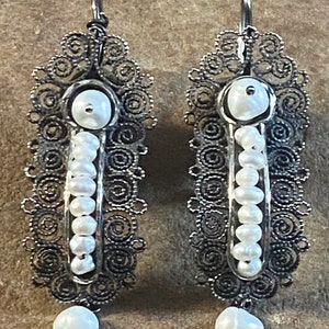 Beautiful Mexican Sterling Silver & Pearl Filigree Frida Earrings