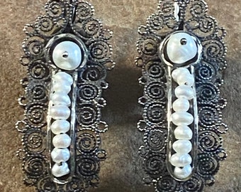 Beautiful Mexican Sterling Silver & Pearl Filigree Frida Earrings