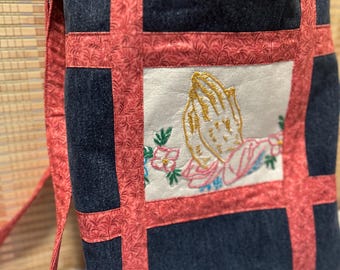 DISCOUNTED: Vintage Embroidered Praying Hands & Recycled Denim Crossbody Purse