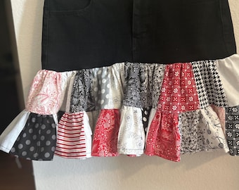Upcycled Black Denim Skirt with Double Row Ruffled Bottom