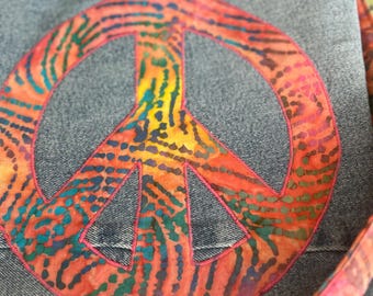 Upcycled Denim with Peace Sign Crossbody  Purse
