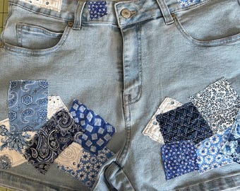 Repurposed Jean Shorts with Blues Patchwork