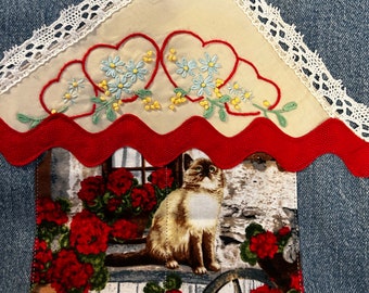 DISCOUNTED:Vintage Embroidered Hearts and New Cats purse