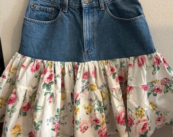 Upcycled  Denim/ Rose print Skirt