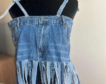 Upcycled Denim Halter with Fringe