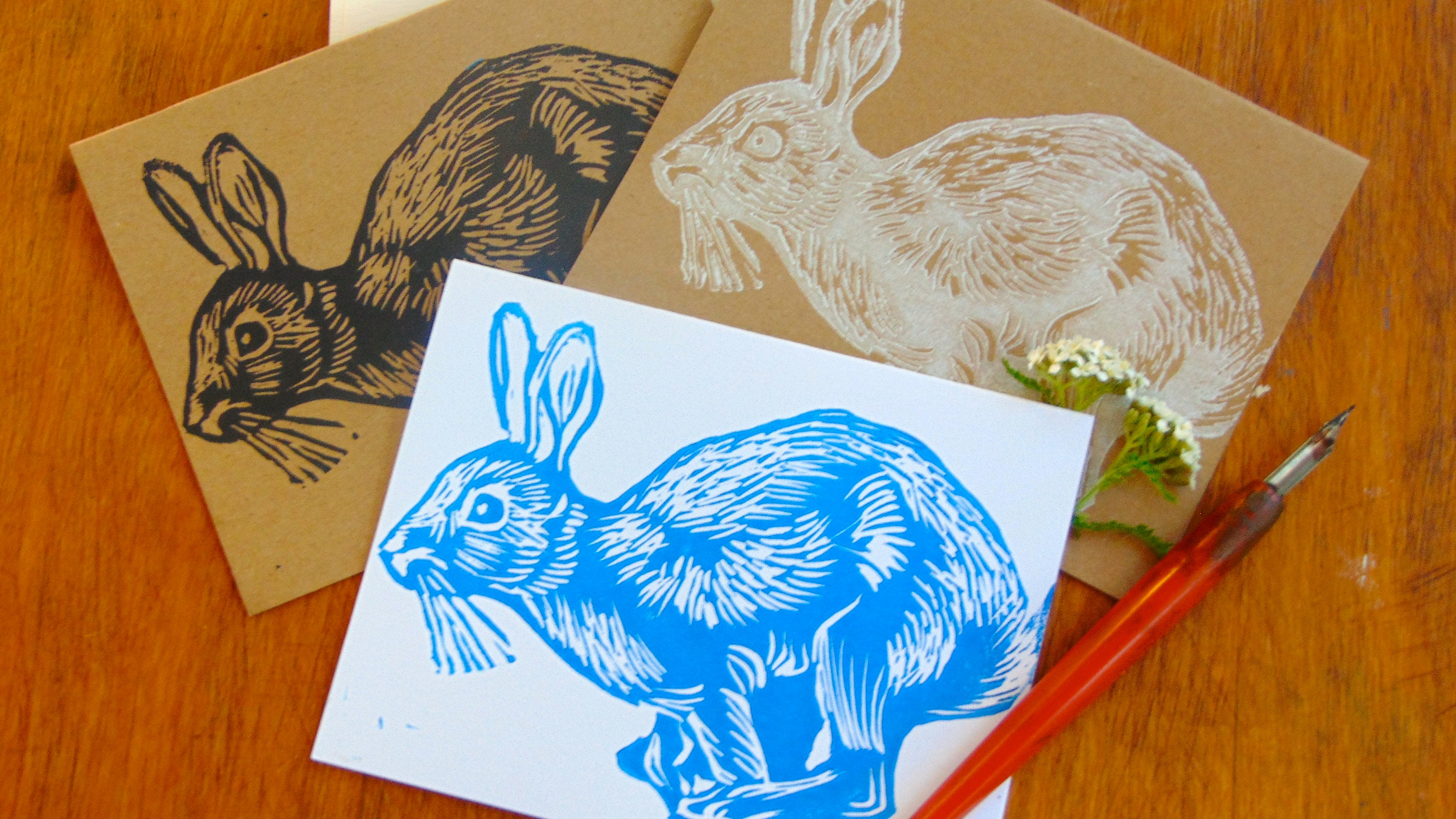 Set of 3 Linocut Cards Running Rabbit in Black White and Etsy
