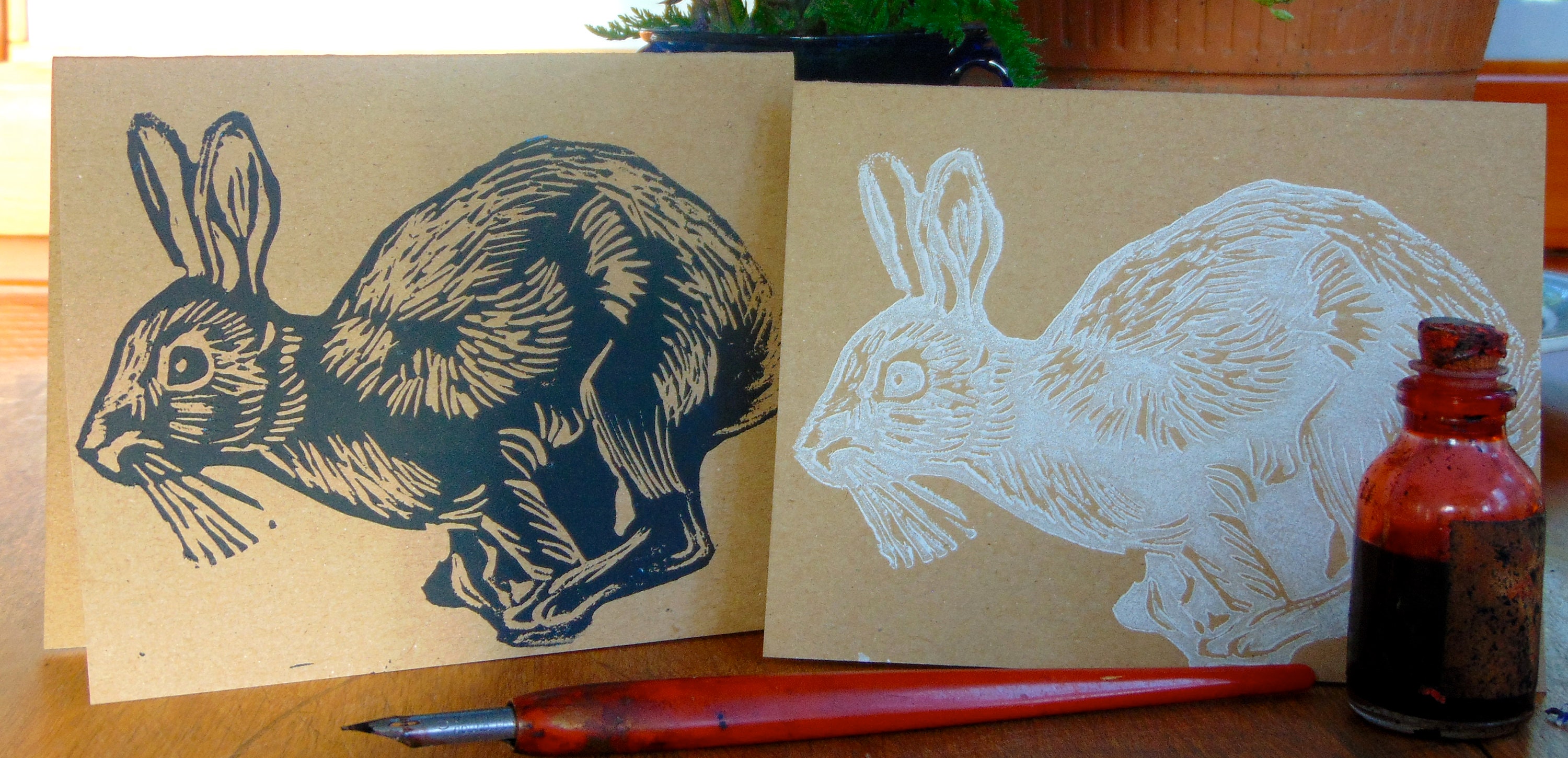 Set of 3 Linocut Cards Running Rabbit in Black White and Etsy