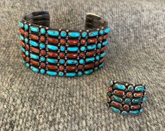 Old Zuni Silver and Turquoise/Coral Bracelet and Ring Set