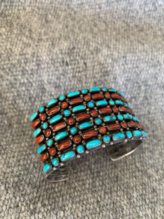 Old Zuni Silver and Turquoise/Coral Bracelet and … - image 7