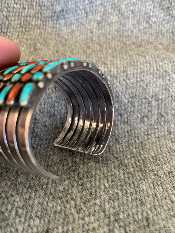 Old Zuni Silver and Turquoise/Coral Bracelet and … - image 8