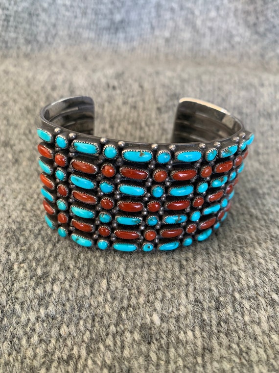 Old Zuni Silver and Turquoise/Coral Bracelet and … - image 6