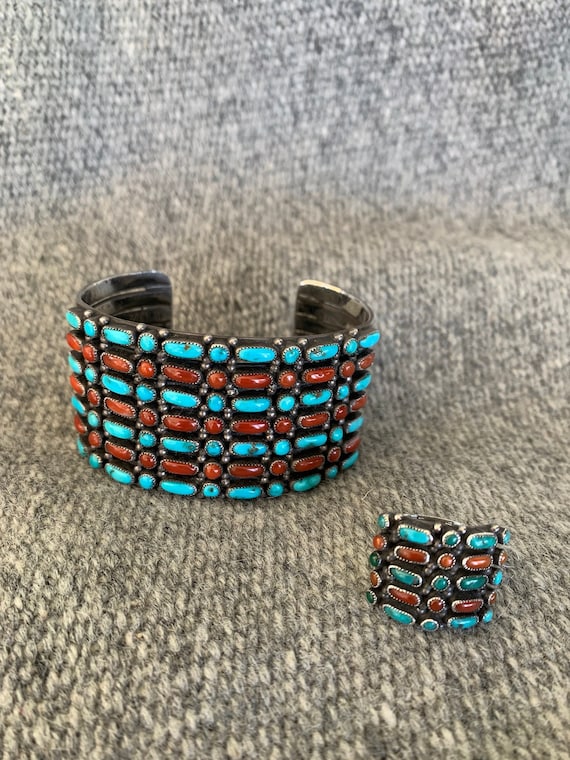 Old Zuni Silver and Turquoise/Coral Bracelet and … - image 1