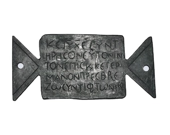 Tablette votive en bronze TABULA ANSATA, plaque Empire romain avec inscriptions grecques sur cinq lignes, reproduction du musée avec patine verte antique