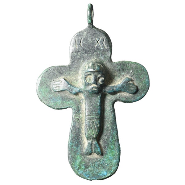 Replica Forged Small Byzantine Bronze Pectoral Cross Jesus's Crucifixion IC XC 10th-12th Century Aged with Antique Green Patina