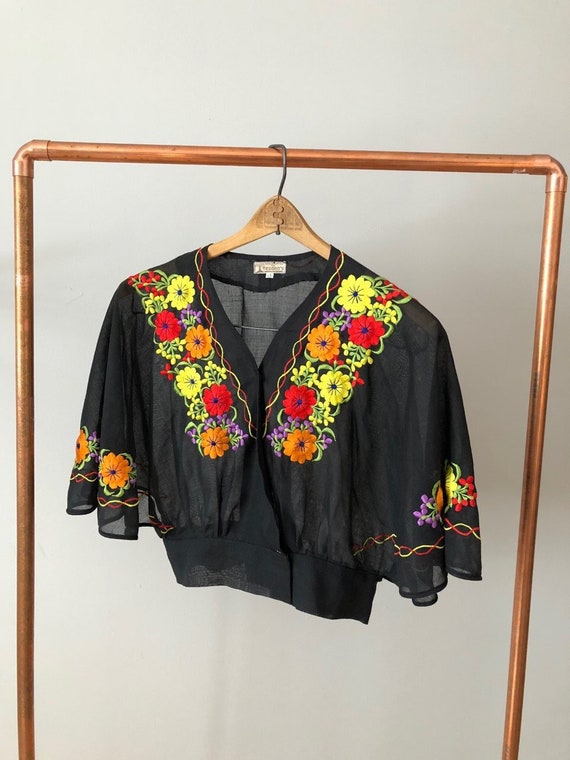 Vintage 70s Sheer Black Embroidered Peasant Blouse