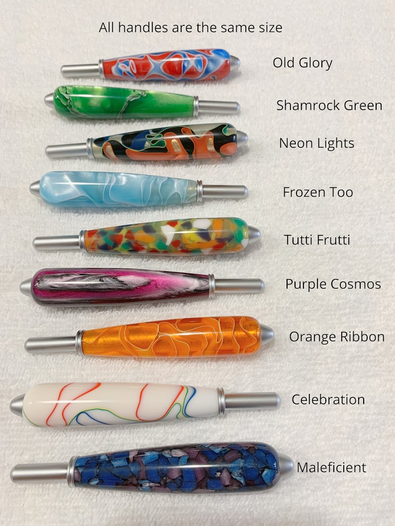 May include: Nine cylindrical handles with metallic tips, each featuring unique resin patterns labeled as Old Glory, Shamrock Green, Neon Lights, Frozen Too, Tutti Frutti, Purple Cosmos, Orange Ribbon, Celebration, and Maleficient. Text states: All handles are the same size.